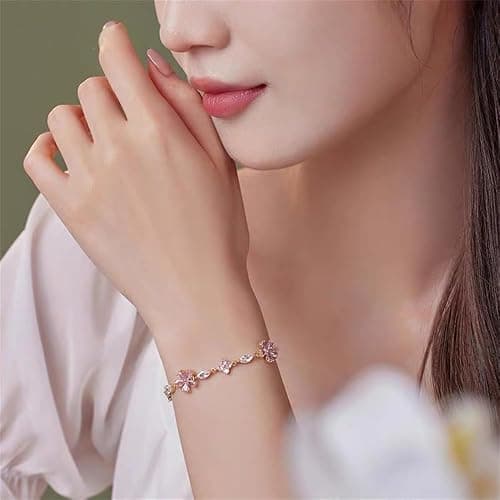 Pink Crystal Cherry Blossom Flower Chain Link Bracelet For Women Gold Silver Plated Fashion Cute Delicate CZ Petal Floral Sakura Bangle Bracelets Adjustable Sweet Dainty Fine Jewelry Gifts For Her thumbnail 5