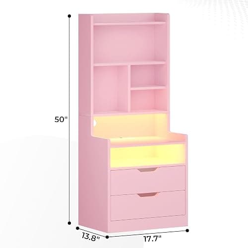 ADORNEVE Tall Nightstand Set of 2 with LED Lights,Pink | Tall Night Stand with Charging Station and Bookshelf,Bedside Table with Drawers,Side Tables Bedroom thumbnail 2