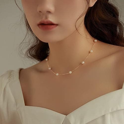 Pearl Necklaces for Women as Christmas Stocking Stuffers Gold Pearl Choker Single Pearl Necklace Layered Daisy Necklace Set as Christmas Gifts for Teen, Wedding Strands for Bride Bridesmaids thumbnail 3