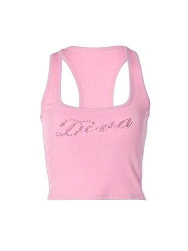 WDIRARA Women's Letter Rhinestone Racerback Crop Tank Top Y2k Square Neck Sleeveless Rib Knit Tops thumbnail 5
