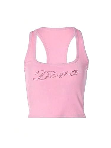 WDIRARA Women's Letter Rhinestone Racerback Crop Tank Top Y2k Square Neck Sleeveless Rib Knit Tops thumbnail 6