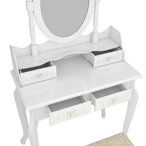 White Vanity Jewelry Makeup Dressing Table Set W/Stool 4 Drawer Mirror Wood Desk thumbnail 7