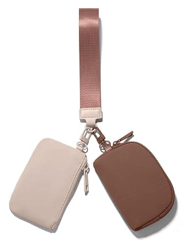 Viverte Mini Zip Around Keychain Wristlet Wallets Small Portable Dual Pounch Wristlet Detachable Coin Purse Pocket Gifts for Women Travel Sports Outdoors (Beige+Brown) - Beige+brown