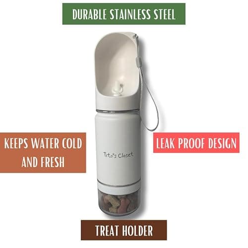 Tito's Closet Portable Dog Water Bottle, 14oz High-Grade Stainless Steel, Leakproof Design Pet Water Bottle with Treat Holder, White thumbnail 5