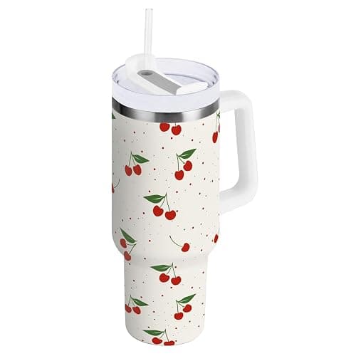 KUEJOP Cherry Print Pattern Stainless Steel Tumbler with Handle and Straw, Water Bottle Reusable Insulated Travel Mug, 40 Ounces - Image 1