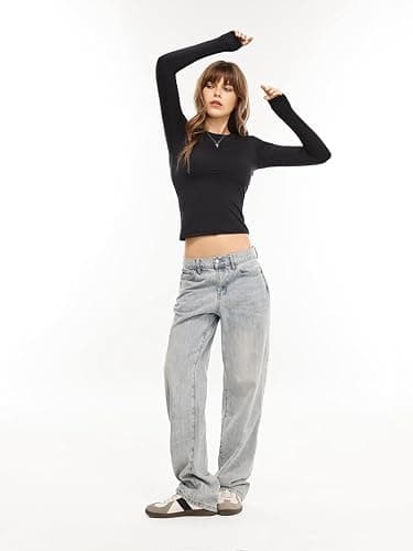 Danysu Double Lined High Round Neck Long Sleeve Tops for Women with Built in Bra Nylon Basic Crop Fall Tee Shirts thumbnail 6