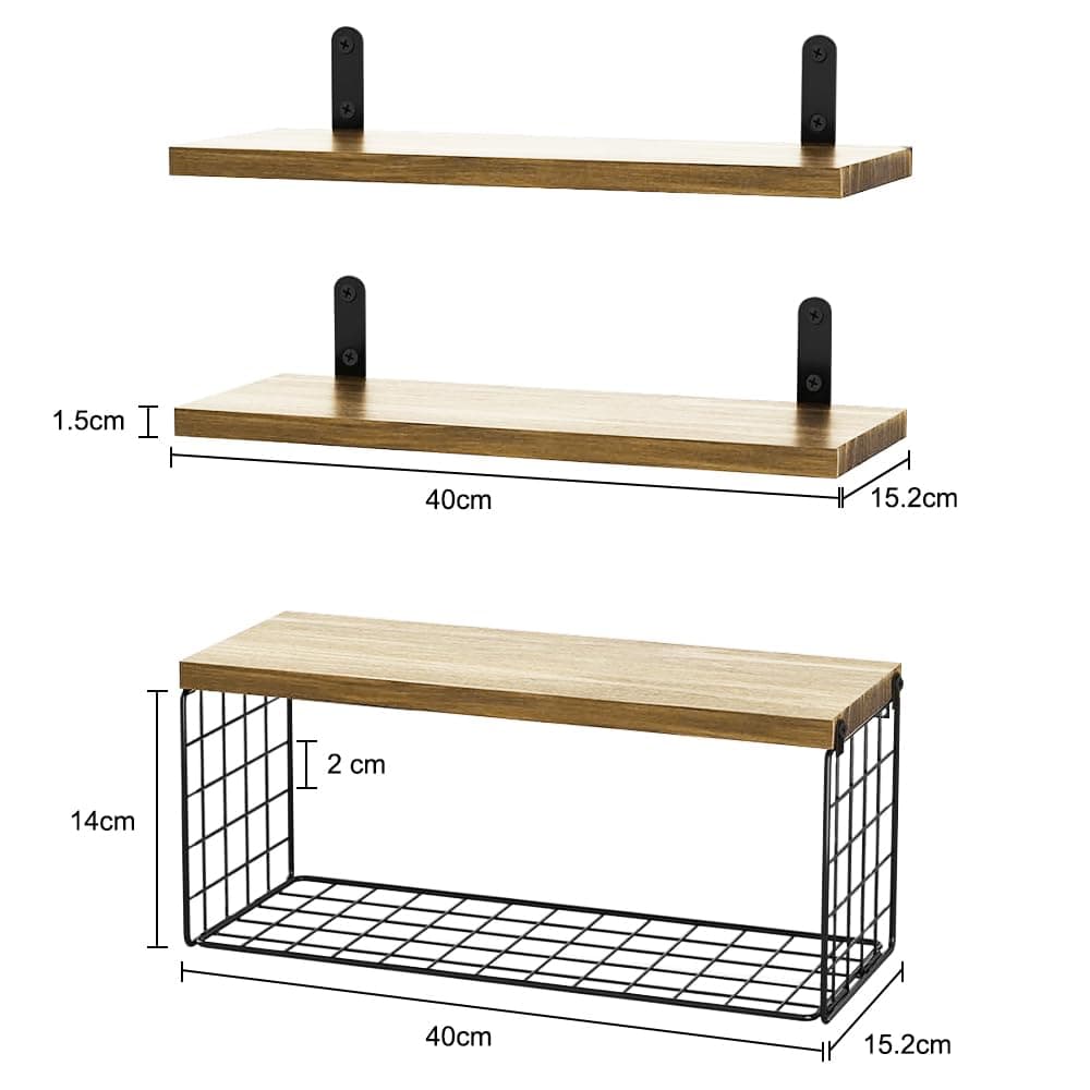 HAWOO Repisas Flotantes, 3PCS Repisas para Baño con Cesta de Alambre, Recamara, Cocina, Sala, Fáciles de Instalar, 40x15.2 CM (Madera) thumbnail 3