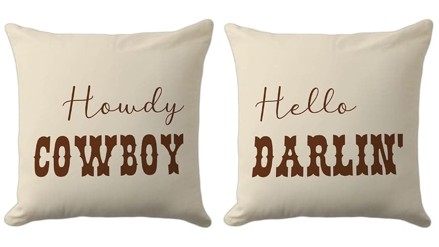 CarOptics Howdy Cowboy & Hello Darlin’ Lumbar Pillow Covers 18x18 Inch – Set of 2 Western Couple Throw Pillowcases for Rustic Farmhouse Decor, Country Gifts for Couch or Sofa (Beige) - Image 1