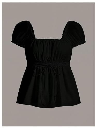 SOLY HUX Women's Short Sleeve Babydoll Tops Cute Summer Blouse | Peplum Top for Teen Girls, Square Neck, Lace Tops, Summer T Shirts thumbnail 2