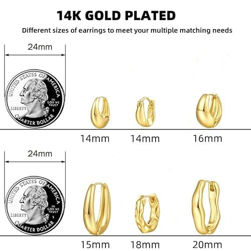 JeHwuel 6 Pairs Gold Hoop Earrings Set for Women, 14K Gold Plated Huggie Chunky Earring Variety Pack, Hypoallergenic Thick Jewelry Gift thumbnail 5