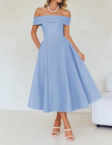 ZESICA Cocktail Dresses for Women's Elegant Off Shoulder Short Sleeve Swing A Line Wedding Evening Party Midi Dress thumbnail 3