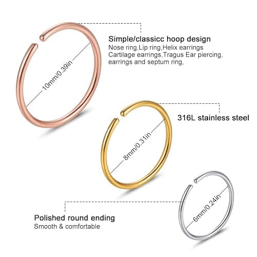 Xanowan Stainless Steel Hoop Nose Ring Cartilage Ring Set 6 Color Set for Men and Women thumbnail 2