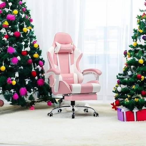 GTPLAYER Gaming Chair, Computer Chair with Footrest and Lumbar Support, Height Adjustable Game Chair with 360°-Swivel Seat and Headrest and for Office or Gaming (Faux Leather, Pink) thumbnail 5