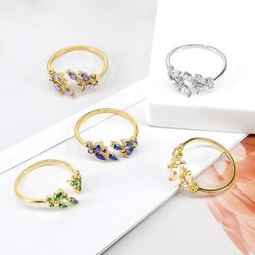 cotwdi Gold Rings Non Tarnish Silver Adjustable Rings for Women Cubic Zirconia Leaf Ring Dainty Silver Stackable Ring for Women thumbnail 7