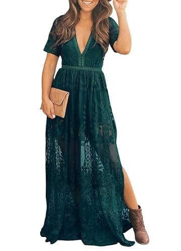 Eleter Women's Deep V-Neck Lace Romper Short Sleeve Long Dress - Image 1