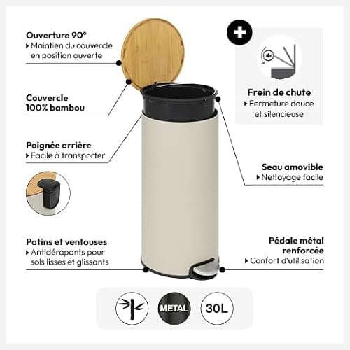 5five - Poubelle de Cuisine à Pédale Modern Color - Beige - 30L - Couvercle en Bambou, Seau Amovible - Pour Maison, Buanderie thumbnail 6