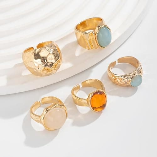 Chunky Gold Ring Set for Women Stackable Thick Acrylic Knuckle Rings Pack 5Pcs Hammered Resin Open Statement Rings Stack Trendy Jewelry Accessories - Gold thumbnail 7