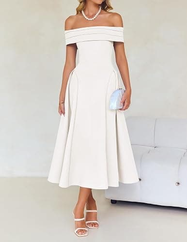 ZESICA Summer 2026 Cocktail Dresses for Women's Off Shoulder Short Sleeve Swing A Line Wedding Evening Party Midi Dress thumbnail 9