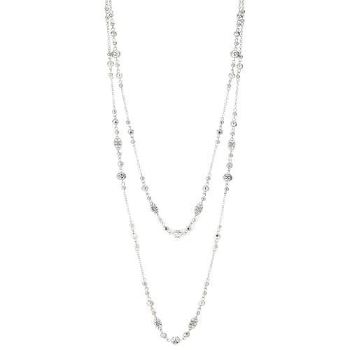 Long Beaded Silver Necklaces for Women Layered Long Statement Necklace with Stone Pearl Beads Double Sweater Chain Costume Jewelry for Women - Image 1