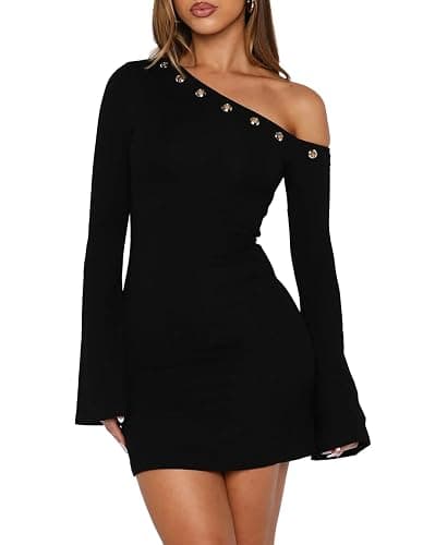 OOQONQ Women's Fall Off The Shoulder Long Flared Sleeve Mini Dress Neckline with Silver Eyelet Bodycon Party Club Dresses - Image 1