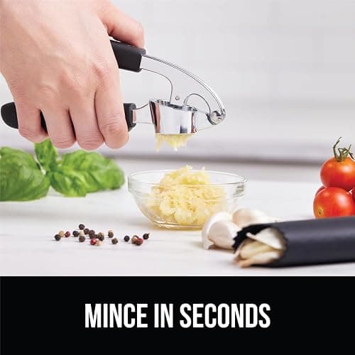GORILLA GRIP Garlic Press and Peel Set, Heavy Duty Mincer Tool, Large Ergonomic Handle, Easily Mince, Crush Garlics Ginger Nuts, Peeler Included for Peeling Cloves, Holiday Prep Kitchen Gadgets, Black thumbnail 9