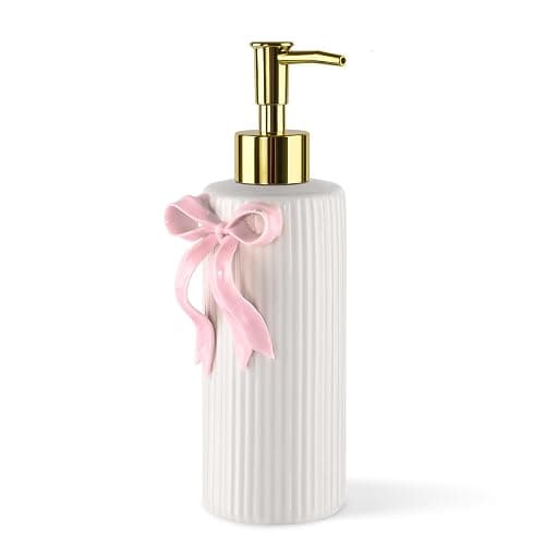 NEWHENGS Handmade Ceramic Bow Soap Pump Dispenser Hand Lotion Liquid Dispenser Refillable for Kitchen and Bathroom Decorative (Ribbon Pink) thumbnail 3
