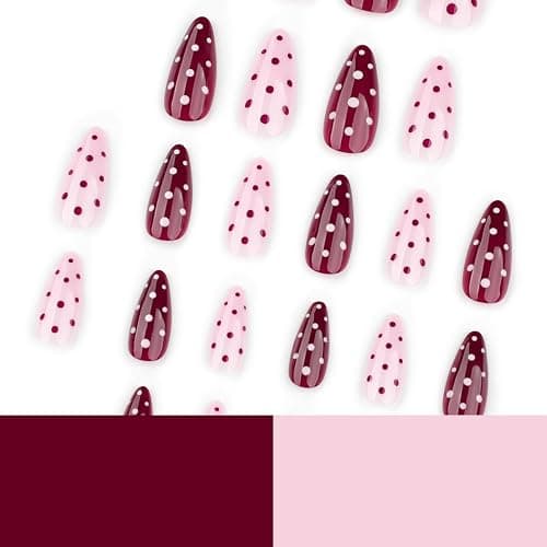 Polka Dot Press on Nails Medium Almond Fake Nails Burgundy Pink Nails Press ons with Design Full Cover Stick on Nails for Women Manicure,Reusable | Artificial | Nail Sticky Tabs | Easy Apply | 24Pcs thumbnail 4
