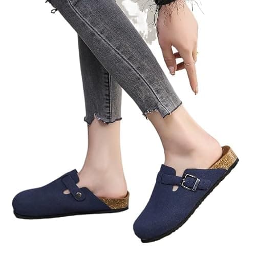 VRNCLR Sandals Women Mules Slippers Retro Low Heel Suede Leather Sandals Solid Color Women Light Slipper Clogs (Color : Dark Brown, Size : 9) thumbnail 2