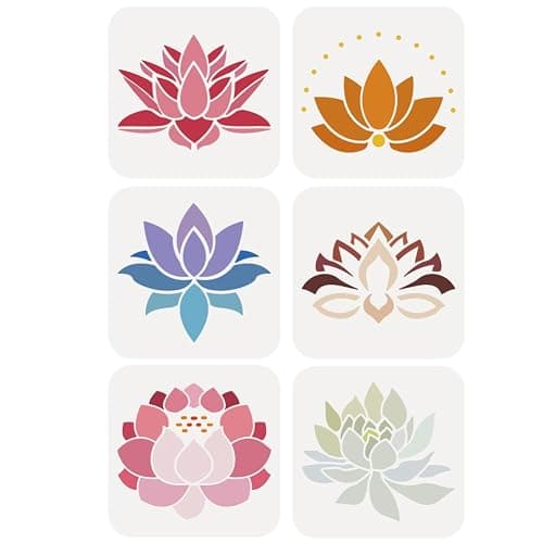 FINGERINSPIRE 6 Pcs Lotus Flower Painting Stencil 5.9x5.9inch PET Lotus Symbols Spraying Stencil Reusable Lotus Flower Throne Pattern Wall Stencil Creative Hollow Out Template for Painting On Wood - Image 1