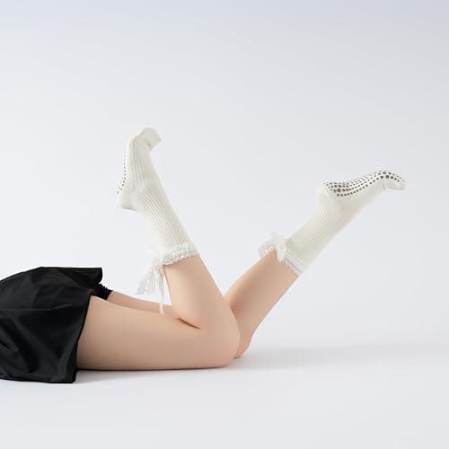 Verdancy Women’s Yoga Pilates Socks with Frills and Lace up Non Slip Cushioned Grips Crew Socks thumbnail 6