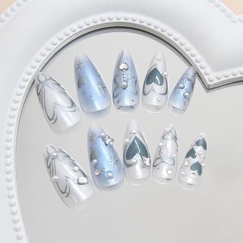 Mkwntg 24Pcs Blue Ombre Press on Nails Medium Almond Fake Nails with 3D Butterfly Pearl Rhinestones Design Silver Heart Star Bow Acrylic False Nails Y2K Full Cover Glue on Nails for Women Summer Decor thumbnail 3