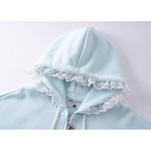 Xojbzoo Y2K Kawaii Bow Lace Trim Zip Hoodie Oversized | Lace trim hood & pockets, adjustable drawstring bows, coquette aesthetic, black blue pink colors, soft cotton blend thumbnail 8