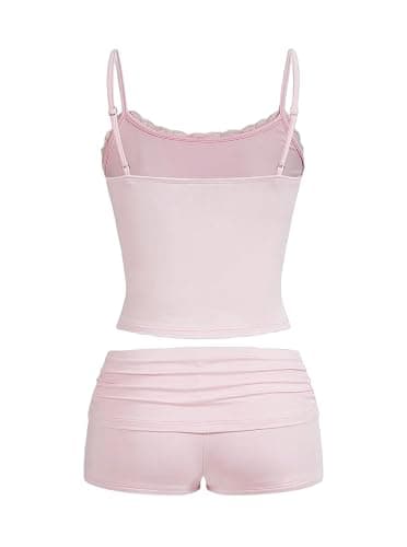 Hilinker Womens Sexy Pajama Set 2 Piece Lace Trim Cami Crop Tops and Ruched Shorts Summer Cute Pjs thumbnail 5