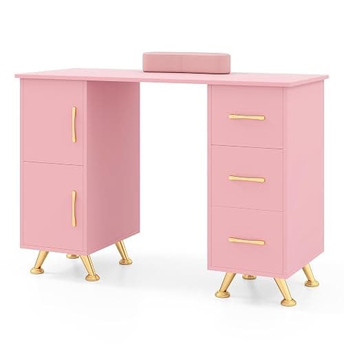 WELLHUT Nail Table for Nail Tech, Manicure Table w/Movable Wrist Rest, Acetone Resistant Nail Desk Salon Station Workstation with 3 Drawers, 2 Large Cabinets for Home Office Spa Beauty Salon - Image 1