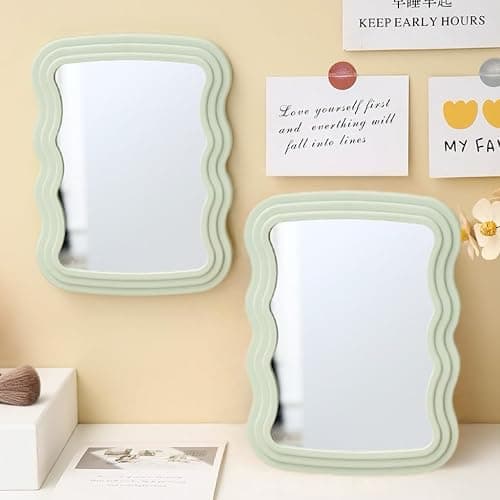 KZhuim 1 Green Wave Desktop Makeup Mirror Portable Makeup Mirror Irregular Wall Mounted Mirror Cute Wave Mirror Suitable for Modern Living Room Makeup, Bedroom and Bathroom Decoration (Green) - Green thumbnail 5