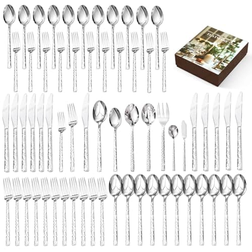 KINGSTONE 65 Piece Hammered Silverware Set with Serving Utensils, 18/10 Stainless Steel Flatware Set for 8, Cutlery Set for Home, Party, Wedding, Mirror Polished Dishwasher Safe - Image 1