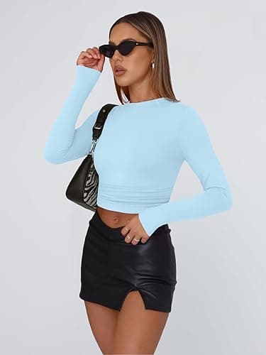 Trendy Queen Womens Long Sleeve Shirts Fall Fashion 2025 Basic Crop Tops Going Out Workout Outfits Y2k Clothes - Small - Baby Blue thumbnail 5