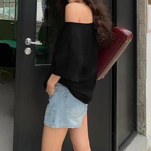 Pinclodly Off The Shoulder Tops for Women Short Sleeve Y2K Jersey Number Graphic Oversized Tshirts E-Girl Tees thumbnail 4