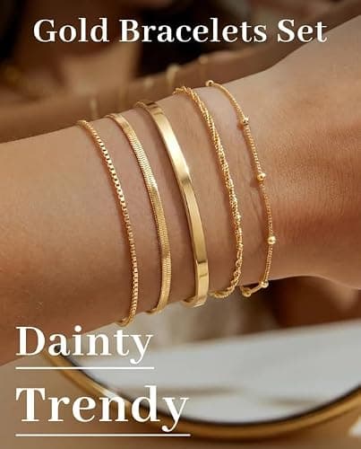 Dainty Gold Bracelet for Women Trendy Non Tarnish, Thin Bracelets Stackable Set with Bangle Cuff, Box, Herringbone, Paperclip, Figaro, Sparkling Link Chains Waterproof, Simple Jewelry Gifts for Women thumbnail 2