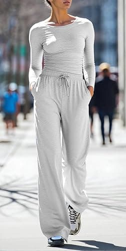 OLIPHEE Ensemble Femme 2 Pièces Haut Manches Longues et Pantalon Fluide Jambe Large Ensemble Chic et Elegant Survêtement Femme Combinaison Outfit Yoga Fitness Jogging thumbnail 6