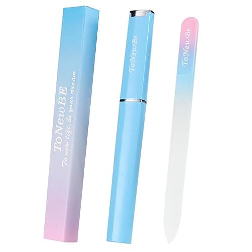 Glass Nail File in Case, Glass Fingernail File, Czech File, Double-Sided Etched Nail File for Nail Art & Nail Care, Christmas Gifts Stocking Stuffers (Pink-Blue) - Image 1
