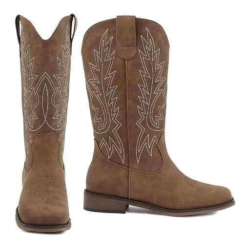 FancyQueen Western Cowboy Boots for Women - Mid Calf Square Toe Cowgirl Boots with Vintage Embroidery, Low Chunky Heel Pull On Country Boots for Rodeo Festival Concert Daily Outfits thumbnail 6