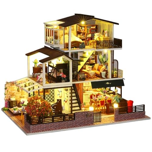 Spilay Dollhouse DIY Miniature Wooden Furniture Kit,Mini Handmade Big Castle Model,1:24 Scale Creative Doll House Toys for Adult Gift (Romantic European Villa with Dust Cover Music Box) - Romantic European Villa With Dust Cover Music Box - Image 1