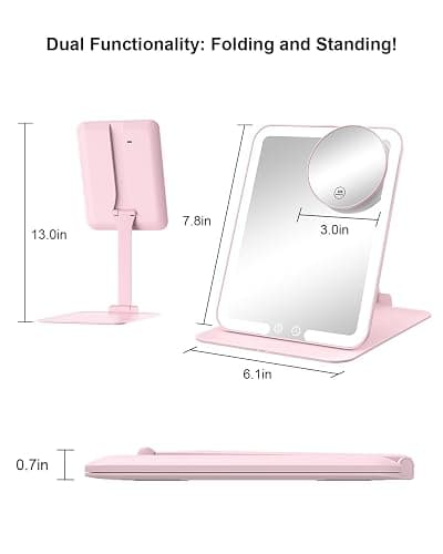 Gospire Travel Makeup Mirror with Lights and Magnification 10X, Portable Make Up Compact Tabletop Mirror with Adjustable Stand, 3 Colored Lights Rechargeable Lighted LED Vanity Mirror - Pink thumbnail 2