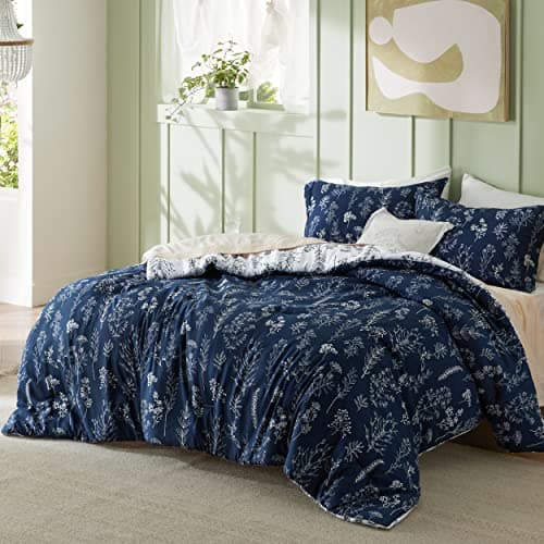 Bedsure Queen Comforter Set - Navy Bed Set, 3 Pieces Cute Floral Bedding, 1 Soft Reversible Botanical Flowers Comforter and 2 Pillow Shams thumbnail 2