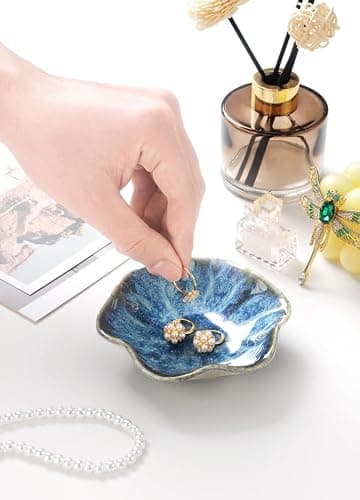 Lotus Leaf Shape Ring Holder Dish, Small Key Bowl, Ceramic Trinket Tray Jewelry Dish Organizing Necklace Earrings for Mom Friend Sister. All Jewelries Are NOT Included. Light Blue. thumbnail 2