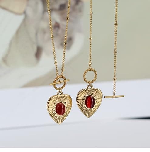 UniLogue Retro Vintage Radial Pattern Love Heart Red Agate OT Buckle Necklace Women's Easy-Matching Casual Necklace thumbnail 7