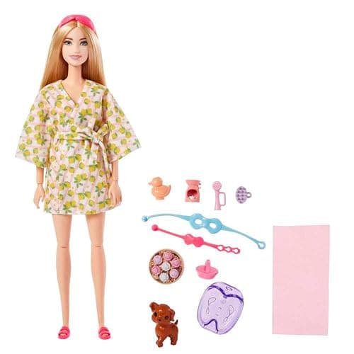 Barbie Doll, Kids Toys, Blonde Doll with Pet Puppy, Barbie Sets, Spa Day, Lemon Print Bathrobe, Headband and Eye Mask, Self-Care Series thumbnail 2