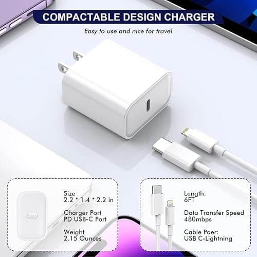 iPhone Fast Charger,[Apple MFi Certified] iPhone Charger Fast Charging Apple Wall Charger Block 6FT USB C Lightning Cable Cord Type C Adapter for iPhone 14 Pro Max/13/12 Mini/11/10/XS Max/XR/X/8/7/SE thumbnail 5