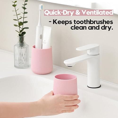 YAUKPH Pink Striped Toothbrush Holder for Electric Toothbrushes Bathroom Organizer Cup for Toothpaste Kids & Adults thumbnail 5